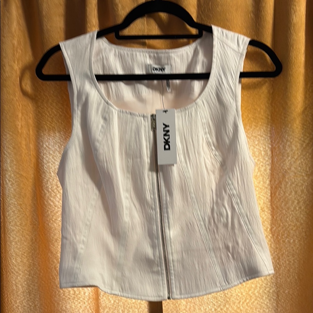 DKNY White Fitted Ribbed Tank Top